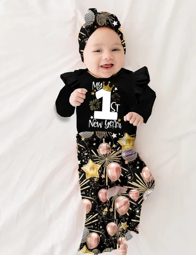Vista 2 de ADIFUN My First New Years - Traje para bebé niña 2024 con volantes, mameluco con volantes, pantalones acampanados con diadema de fuegos