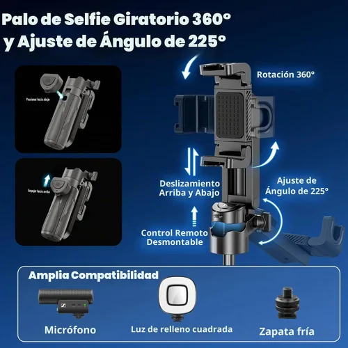 Vista 3 de Palo selfie multifuncional 4 en 1 y trípode para iPhone/Android, rotación de 360 grados, con control remoto, portátil para creadores de contenido