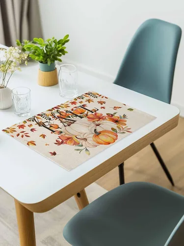 Vista 6 de Manteles individuales para mesa de comedor, juego de 4 manteles individuales para otoño, Acción de Gracias, calabaza, flor y girasol, manteles