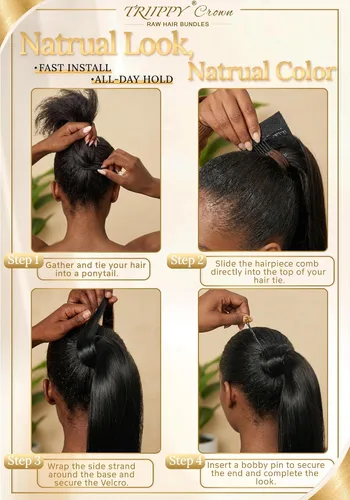 Vista 8 de Extensión de cola de caballo cabello humano rizado birmano pelo #Color natural rizado birmano