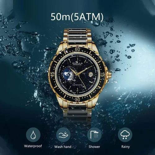 Vista 6 de Diella Automatic Watches for Men Black Jade Luxury Mens Dress Wrist Watch Self Winding Mechanical Gold Watch Stainless Steel Luminous Mens Watch