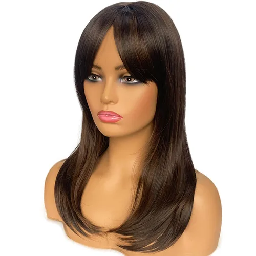 Vista 7 de Pelucas largas negras para mujer, pelucas negras con flequillo, peluca sintética de longitud al hombro en capas para fiestas diarias (20 pulgadas)