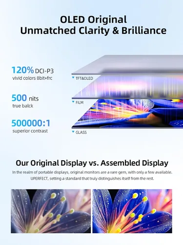 Vista 4 de UPERFECT Monitor portátil OLED con pantalla táctil de 14 pulgadas, 3K 2880 x 1800 120Hz Monitor portátil para juegos de 0.1 ms, 500 liendres