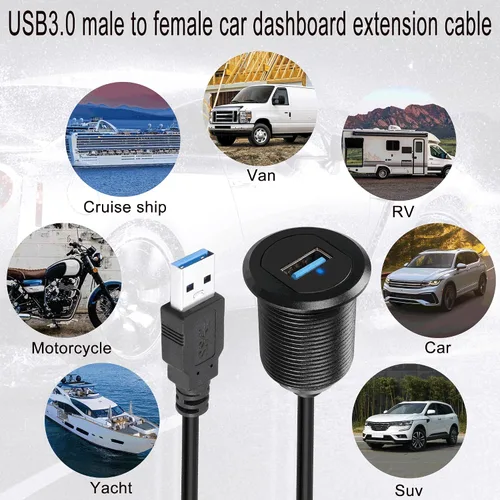 Vista 7 de QIANRENON Cable USB 3.0 de 5 Gbps a prueba de agua para automóvil, cable USB 3.0 hembra a macho para montaje en panel con luz LED, carcasa