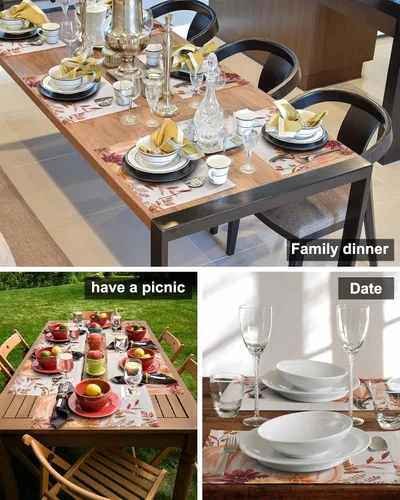 Vista 6 de Juego de 4 manteles individuales de mesa de calabaza rosa para mesa de comedor, tela de lino de algodón con bolsillo, arpillera cuadrada