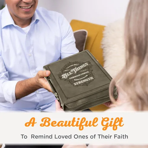 Vista 10 de Christian Art Gifts Funda protectora de piel sintética gris para la Biblia clásica: Todas las cosas a través de Cristo - Filipenses 4:13 versículo