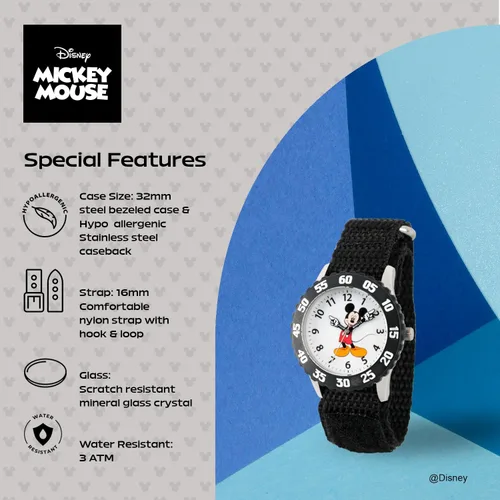 Vista 4 de Disney Mickey Mouse Reloj para niños con bisel de acero inoxidable, profesor de tiempo analógico, correa de nylon