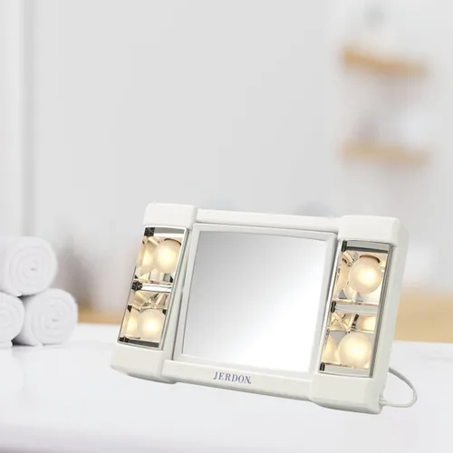 Vista 5 de JERDON Espejo de maquillaje de dos caras con luces, espejo de tocador con aumento 3X e iluminación sin deslumbramiento, base blanca, modelo J1010