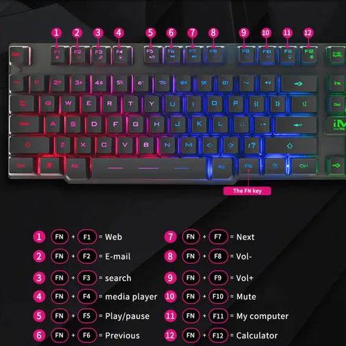 Vista 4 de Teclado para juegos con cable LED tricolor retroiluminación para juegos de 104 teclas Control multimedia para computadora de escritorio IZ9