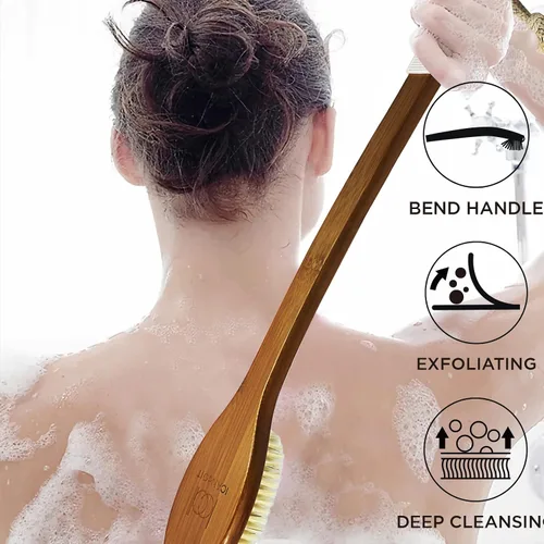Vista 2 de ICANdOIT - Cepillo de baño de mango largo antideslizante de cerdas de jabalí natural de 17.71 pulgadas, limpiador de ducha con mango doblado