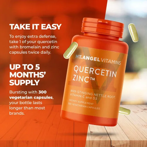 Vista 5 de Mt. Angel Vitamins - Quercetina de zinc con suplemento de bromelina - Apoyo inmunológico y salud respiratoria - Cápsulas de quercetina de 500 mg