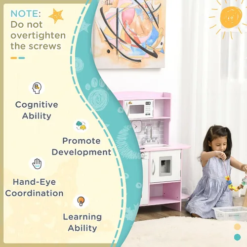 Vista 5 de Qaba Juego de juguetes de cocina para niños con diseño realista, luces de estufa, almacenamiento, dispensador de agua, para niños de 3 a 6 años