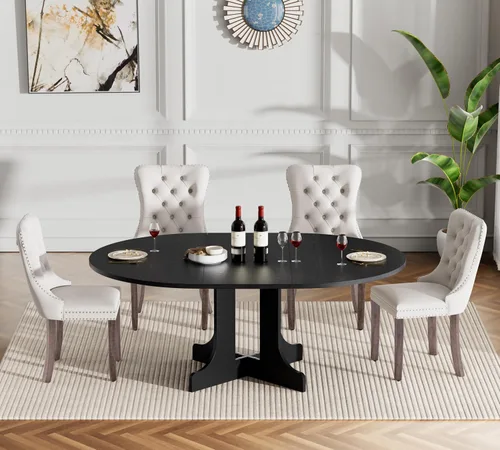 Vista 2 de Henf Juego de 5 mesas de comedor redondas extensibles para 4, mesa de cocina ovalada de madera de 43 a 59 pulgadas con 4 sillas, mesas de comedor
