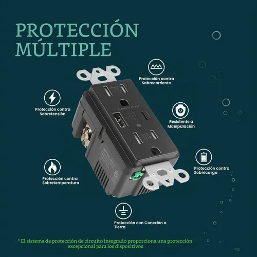 Vista 4 de TOPELER Toma de pared USB, receptáculo de cargador USB de 4.8 A con puertos tipo A y tipo C, enchufe dúplex de 15 amperios resistente a