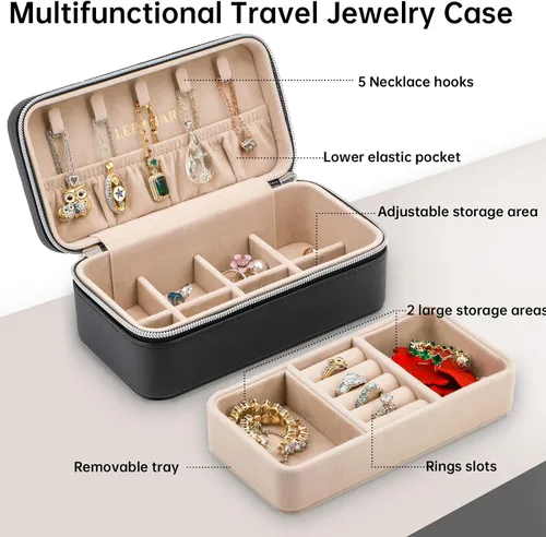 Vista 2 de Joyero de viaje, organizador de joyas pequeño de piel sintética para mujeres y niñas, mini estuche de viaje portátil de doble capa, cajas