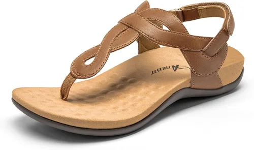 Vista 10 de Athlefit - Sandalias ortopédicas con soporte de arco para mujer, cómodas, con correa en T, sandalias casuales planas con soporte ortopédico