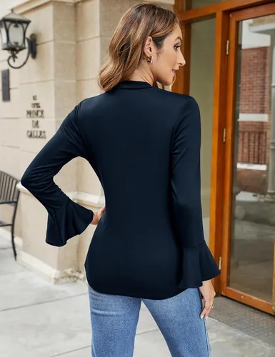 Vista 2 de Micoson Camisas de manga larga con cuello alto falso para mujer, manga acampanada, cuello de tortuga, blusas básicas de color sólido