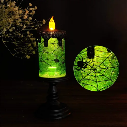 Vista 6 de Vela sin llama de Halloween, globo de nieve, funciona con pilas con temporizador de 6 horas, calcomanía de araña de luz verde, lámpara de tornado