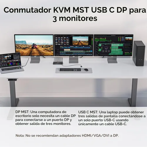 Vista 8 de Interruptor KVM USB C DP, 2 computadoras, 3 monitores, interruptor KVM MST 4K/1080P a 60Hz para 1 PC y 1 computadora portátil Share 3 monitores