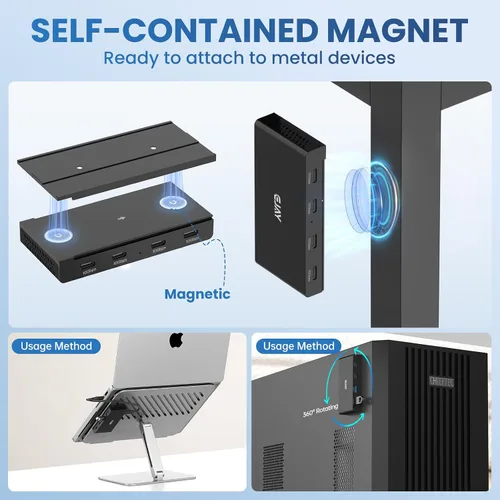 Vista 3 de EJAY Concentrador magnético USB-C de 4 puertos de 10 Gbps para Mac y Windows Aluminio Montaje flexible Se fija debajo del escritorio