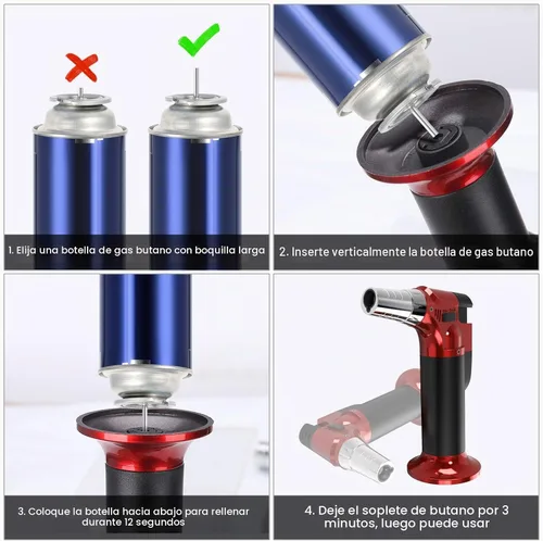 Vista 7 de Paquete de 2 linternas, soplete de butano recargable, soplete de cocina para cocinar con bloqueo de seguridad y llama ajustable para barbacoa, crema