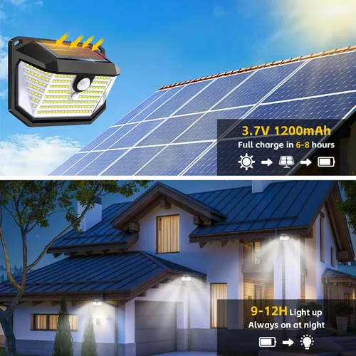 Vista 2 de Luces solares con sensor de movimiento para exteriores, 178 LED impermeables IP65, luz de seguridad montada en la pared con 3 modos, gran angular