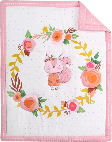 Vista 3 de Brandream Juego de ropa de cama para guardería para niñas, color rosa, diseño floral, edredón de 3 piezas, sábana bajera, falda de cuna, ardilla