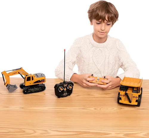 Vista 6 de JOYIN Juego de 2 vehículos de construcción a control remoto, excavadora RC accionada por fricción y camión volquete RC con luces y sonidos