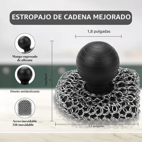 Vista 4 de Esponja de limpieza de hierro fundido con raspador de sartenes, esponja de cadena 316, esponja de malla de cadena mejorada, limpiador de hierro
