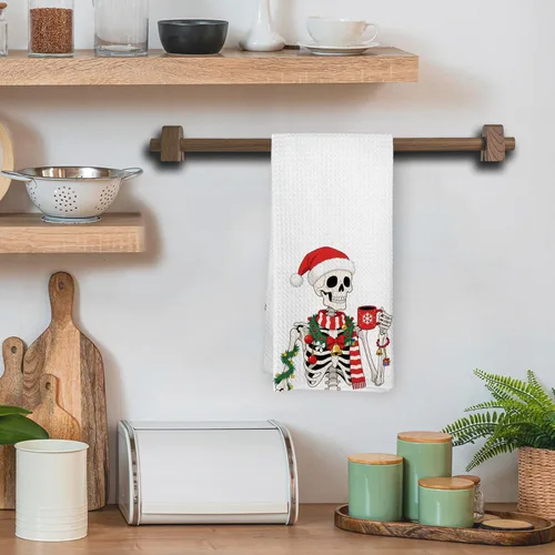 Vista 2 de Divertidas toallas de cocina de esqueleto navideño, toallas de mano góticas de Navidad para decoración de baño, rústico, retro, espeluznante
