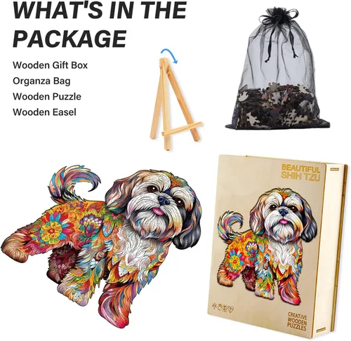 Vista 4 de Rompecabezas de madera para adultos, rompecabezas de madera de perro Shih Tzu, rompecabezas de corte de forma de madera única, el mejor regalo