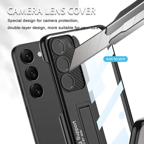 Vista 2 de Miimall Funda compatible con Samsung Galaxy S23, funda S23 con soporte, cubierta al vacío translúcida protectora delgada para Galaxy S23 5G (negro)