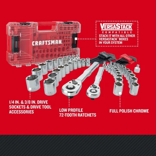 Vista 2 de CRAFTSMAN - Juego de herramientas mecánicas Versastack, mando de 1/4 y 3/8 pulgadas, 71 piezas (CMMT45171)