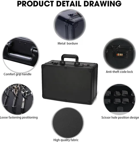 Vista 3 de Estuche de peluquero portátil para cortapelos y suministros, doble capa grande, herramientas de viaje, caja organizadora, kit de peluquería Negro