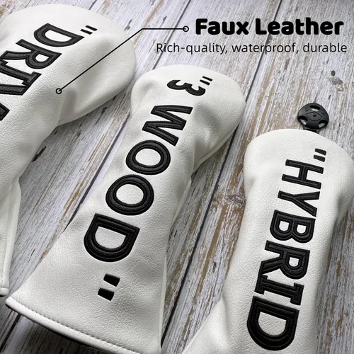 Vista 3 de Funda de cuero PU para driver y madera de calle - Blanco con negro, accesorio de golf premium