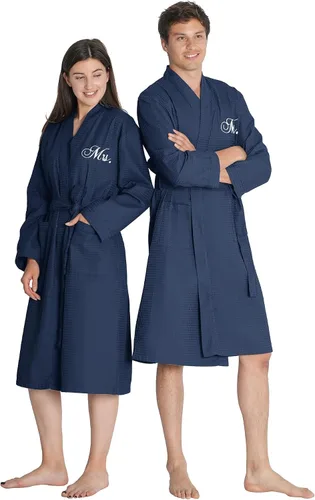 Vista 8 de AW BRIDAL Mr and Mrs Waffle Knit Robe Set for Wedding Engagement Gifts Marina de guerra - Mrs. & Mr.