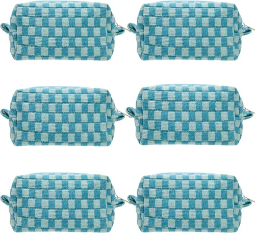 Vista 26 de PAZIMIIK Bolsa de Maquillaje a Cuadros para Bolso Portátil con Cremallera, Estuche Pequeño de Cosméticos para Accesorios de Viaje, Azul Ártico
