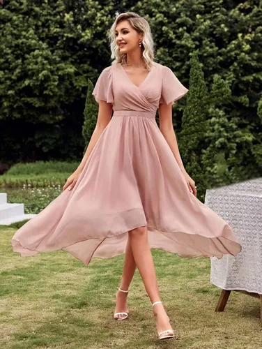 Vista 5 de UZN Vestidos de dama de honor para mujer, cuello en V, manga corta, vestido formal de fiesta