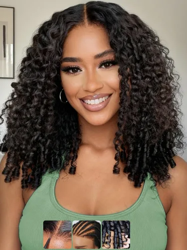 Vista 38 de KLAIYI Bye Bye Slip™ - Pelucas de cabello humano con encaje frontal 7x5, color marrón castaño degradado, rizado, sin pegamento, precortadas de 7 x