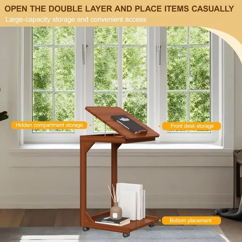 Vista 4 de Mesa de sofá en forma de C, mesa auxiliar con ruedas giratorias de 360°, mesa auxiliar inclinable ajustable de 45° para sofá portátil, mesas