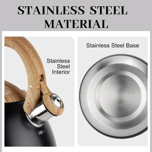 Vista 4 de MARSKITOP Tetera para estufa, tetera silbante para estufa, tetera de acero inoxidable de grado alimenticio con mango ergonómico Cool Touch, 2.6 Negro