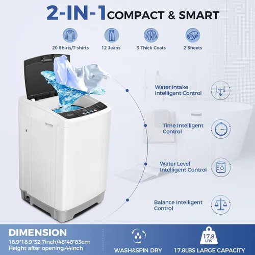 Vista 2 de Nictemaw - Lavadora portátil con bomba de drenaje, capacidad de 17.8 libras, 2.4 pies cúbicos, lavadora compacta completamente automática con 10