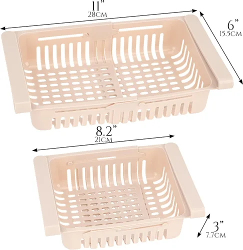 Vista 2 de Organizador de cajones para refrigerador, 2 paquetes, caja de almacenamiento retráctil, diseño único, estantes deslizantes extraíbles (rosa caqui)