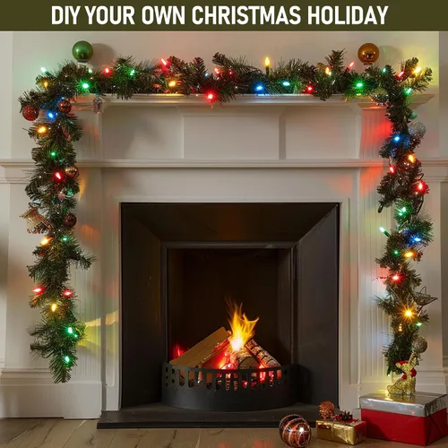 Vista 2 de TW SHINE - Guirnalda de Navidad preiluminada de 9,1 m, decoraciones con 100 luces LED, guirnaldas artificiales de pino con 8 modos, guirnalda verde