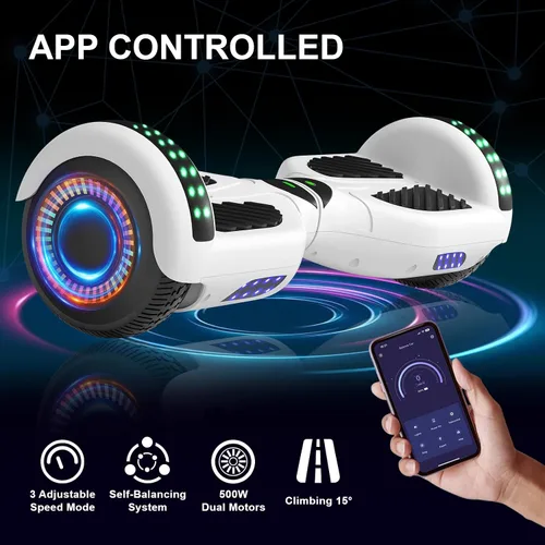 Vista 4 de Kids Scooter with Bluetooth Speaker & Corlorful LED Lights, Dual 250W Motor 7.5 Mph Speed, Gifts for All Ages Blanco