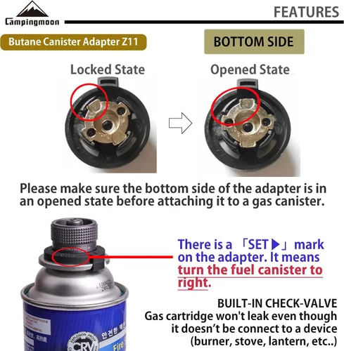 Vista 3 de CAMPINGMOON Adaptador de estufa de gas para parrilla de camping de adaptador de propano de 1 libra y adaptador de recipiente de butano Z11+Z22