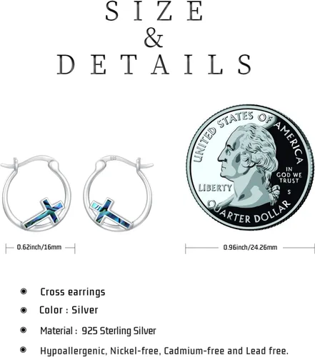 Vista 6 de Aretes de aro con cruz para mujer, plata de ley 925, con concha de abulón, regalos para mujeres y niñas