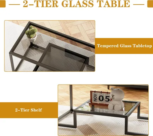 Vista 8 de Wolawu Mesa de Café de Cristal Gris Mesa de Café para Sala de Estar, Mesa Central Rectangular de 2 Niveles con Marco de Metal Resistente, Mesa
