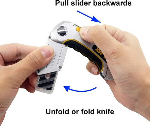 Vista 5 de XW Cuchillo plegable para alfombra, navaja resistente con tapa protectora, 5 cuchillas adicionales incluidas