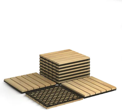 Vista 9 de Giantex Suelo de madera entrelazado para patio, azulejos de madera de acacia, adoquines de patio, montaje sin herramientas, suelo compuesto